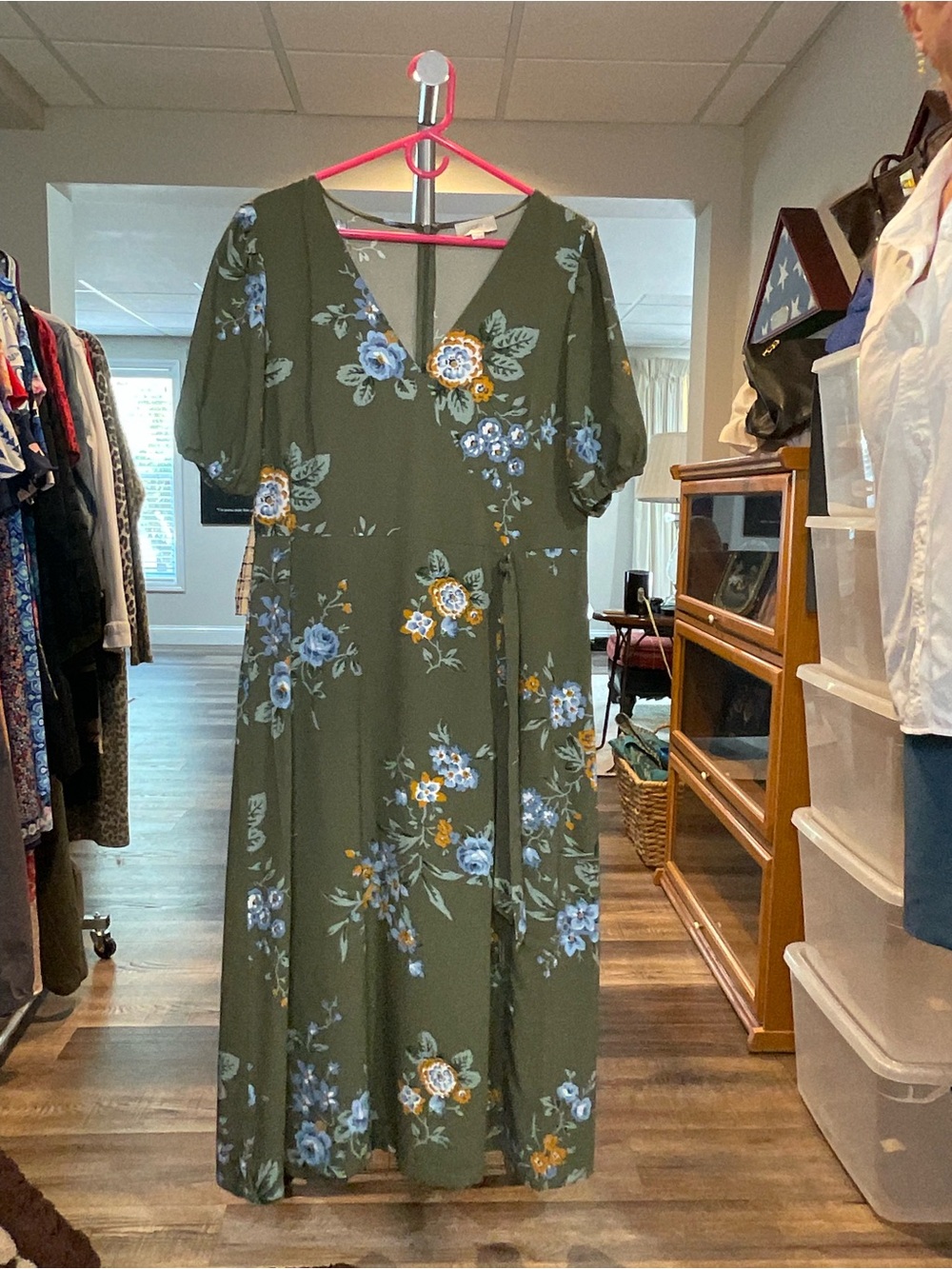 LOFT Olive Green Floral Midi Dress with Blue and Mustard Blooms